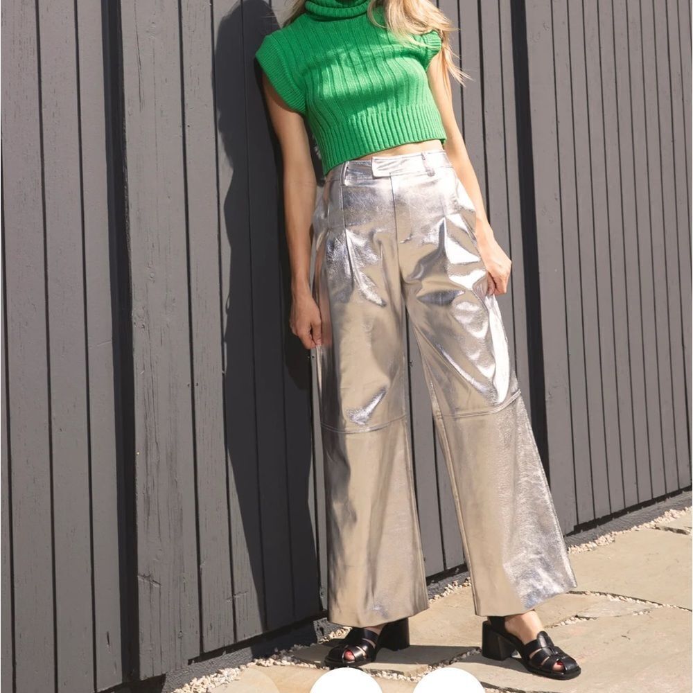 Line & Dot Tinsley Wide Leg Pant Silver Faux Leather High Waisted Trouser
